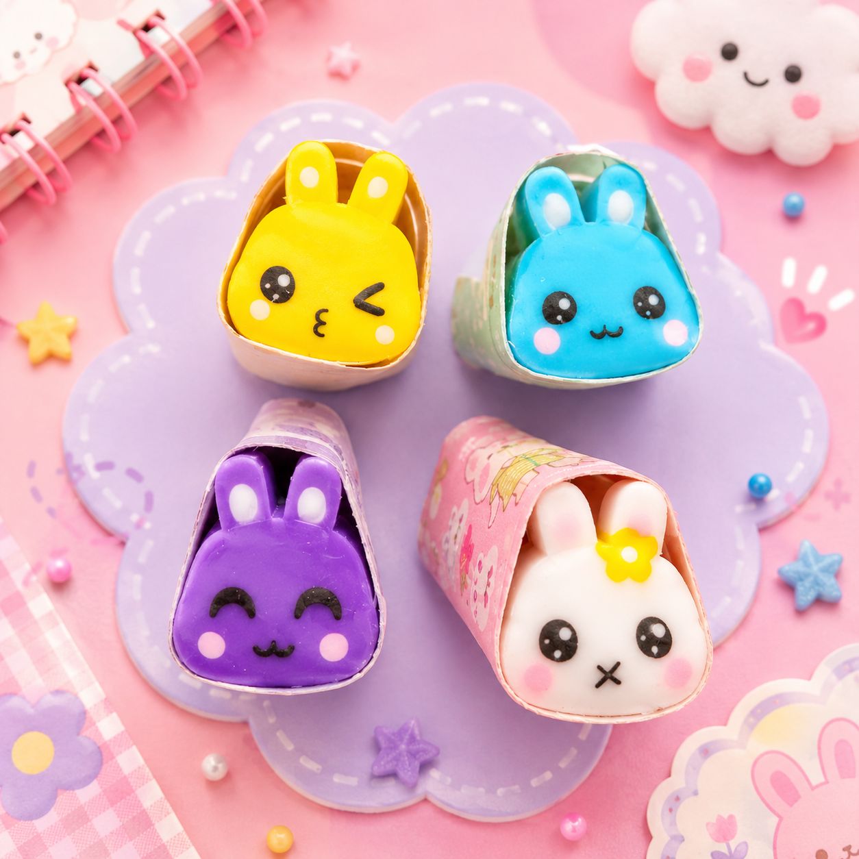 Borrador en Barra Conejitos de Colores Kawaii
