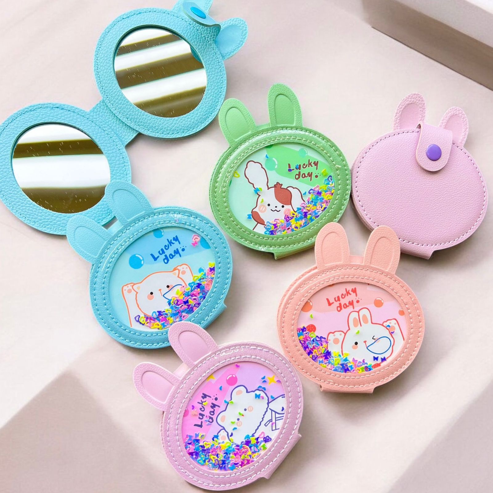 Espejo Doble de Cuerina Conejito Glitter